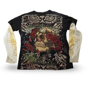 Christian Audigier T-Shirt Mens XL Black Skull Roses Bejeweled Y2K Double Sleeve
